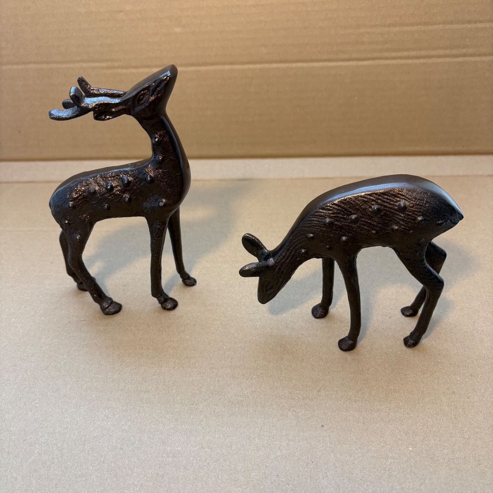 Vintage MCM Mid‎ Century Brass Deer Figurines Set of 2 Doe Buck Solid Textured